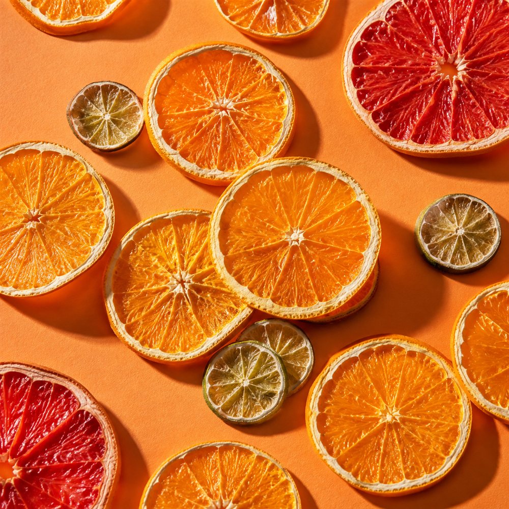 Selección ilustrativa de rodajas deshidratadas de cítricos